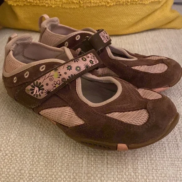 Merrell Brown Suede and Blush Pink Floral Velcro Aqua Lined Girls Size 1 - Picture 12 of 14